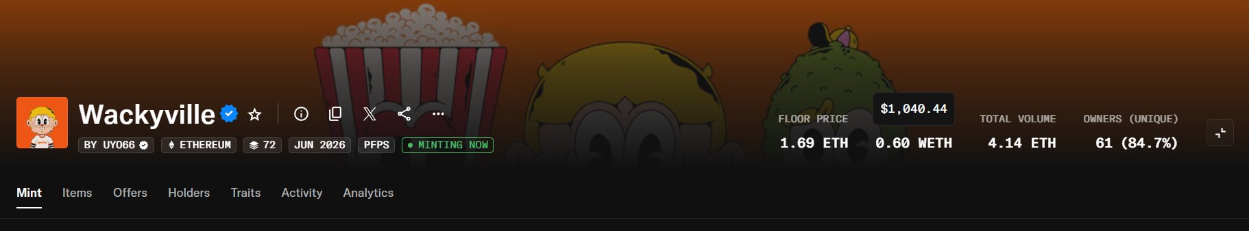 The image displays a Wackyville page with three unique cartoon characters facing forward, including a bowl of popcorn, a green alien with a backwards hat, and a small character in a cowboy hat. It indicates the floor price, total volume, number of owners, and owners' share within the Wackyville collection. Above that, a token display for The United States Dollar shows the market price of one thousand dollar tokens. There is also a greeting that reads "Welcome to Birthday Piece!" In the upper right corner, social media icons for Facebook, Twitter, Reddit, and Discord provide users with multiple ways to connect with the Wackyville project.  The message reveals that Project Wackyville will be hosted on Ethereum and at least that it opened up in June of 2026.