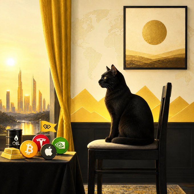 A regal black cat sits on a wooden chair beside a table displaying Bitcoin, Tesla, and Apple logos alongside an "OIL" barrel and gold bars, set against a golden sunset cityscape and world map backdrop. The "GM!" (Good Morning) post pairs perfectly with the image's serene, sunlit morning aesthetic and the cat's calm, contemplative gaze.