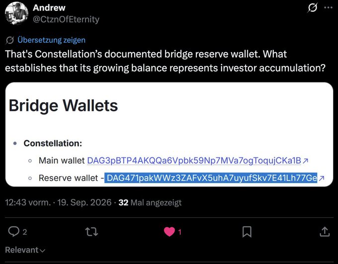 Screenshot of a tweet by Andrew (@CtzOfEternity) questioning whether Constellation's documented bridge reserve wallet balance represents investor accumulation, listing the main wallet and reserve wallet addresses starting with "DAG".