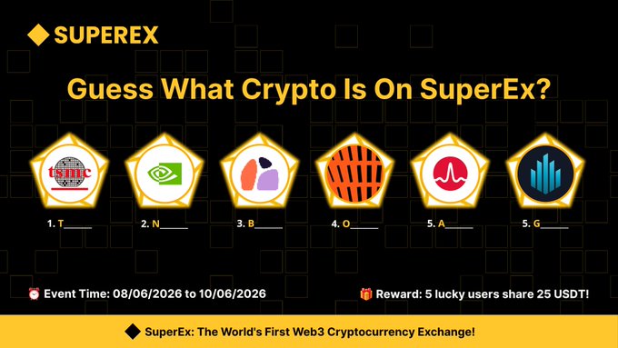 The image shows a poster for an event related to cryptocurrency, specifically focusing on guessing what crypto is on SuperEx. The poster features five different logos representing various cryptocurrencies, including Bitcoin, Ethereum, Ripple, Litecoin, and Dogecoin. Each logo has its own unique color scheme and design. The text on the poster provides information about the event, such as the date, time, and location, as well as a list of rewards for participating in the guessing game.