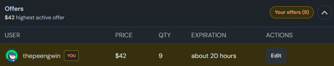 A screenshot showing an offer listing for 'thepeengwin' with a price of $42, quantity 9, expiring in about 20 hours, and an 'Edit' action button.