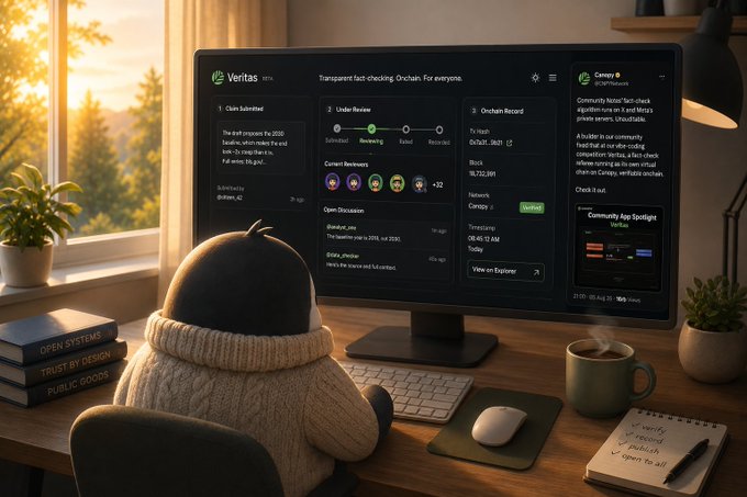 A person wearing a beanie and sweater sits at a desk in a sunlit room, viewing a screen displaying a 'Veritas BETA' interface with 'Transparent fact-checking Onchain. For everyone' and a community note-check feature.