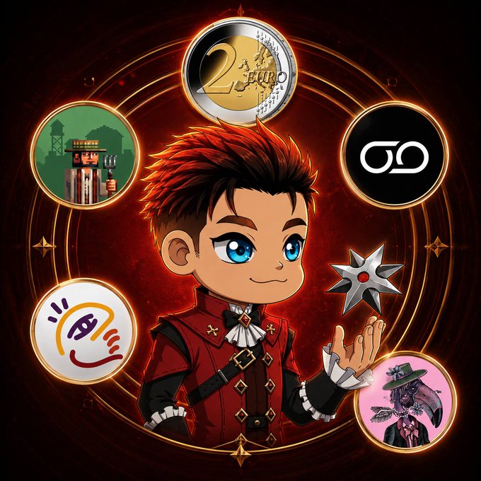 urn of gold coins, a black and white coin, a red and white coin, a green and white coin, a blue and white coin, a pink and white coin, a purple and white coin, a yellow and white coin, a black and white coin with a red dot, a black and white coin with a silver edge.
