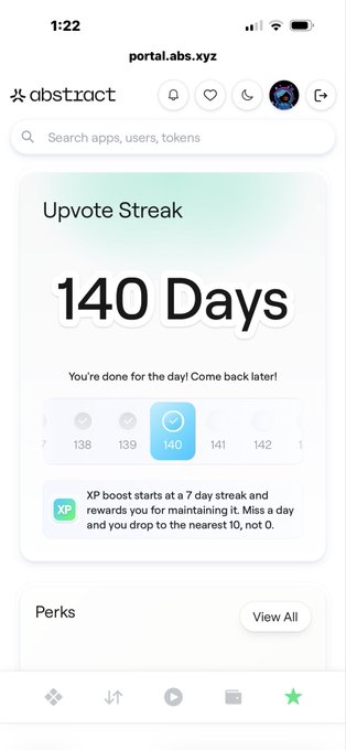 A mobile screenshot of "portal.abs.xyz" on the Abstract platform shows an "Upvote Streak" of "140 Days," noting "You're done for the day! Come back later!" with an XP perk description below.