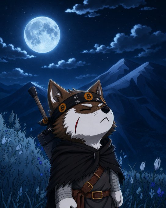 An anime-style illustration depicts a Shiba Inu dressed as a ninja with a headband and sword on its back, set against a night sky with a large full moon and mountains.