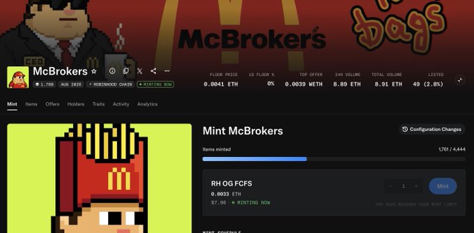 The image shows a NFT minting page for the "McBrokers" collection, displaying 1,761/4,444 items minted with a mint price of 0.0033 ETH, confirming the user's recent degen mint allocation.