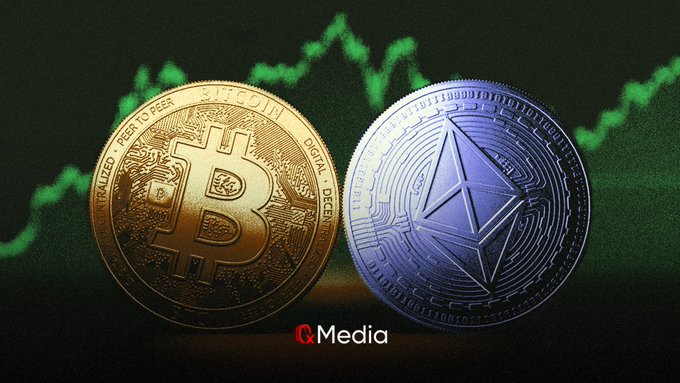 A photograph of a gold Bitcoin coin and a silver Ethereum coin against a background showing a green cryptocurrency price chart, with an 'AMBCrypto' watermark.