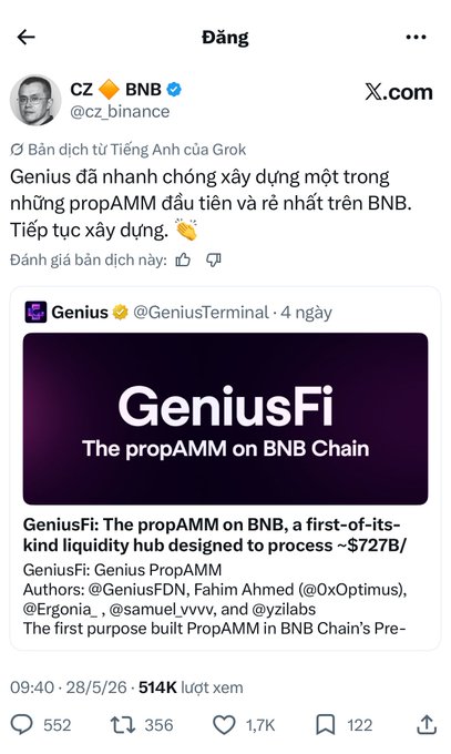 The image features a social media post with a Twitter account that has been retweeted by someone named CZ but instead of using x5,x10 or x6,x12, they have used x14,x16,x17,x18,x19 and x21,x22. The post is about a person who has tweeted the quote "GeniusFi keeps getting quote tweeted by CZ But instead of x5,x10 then dev upbo /2 cml Somebody sees CZ tweet and then jumps in long, jumps in to buy the dip will probably end up living on the dike Mentioning CZ brings back memories of the 10-10 event". The post is about a person named GeniusFi who has been retweeted by someone named CZ.
