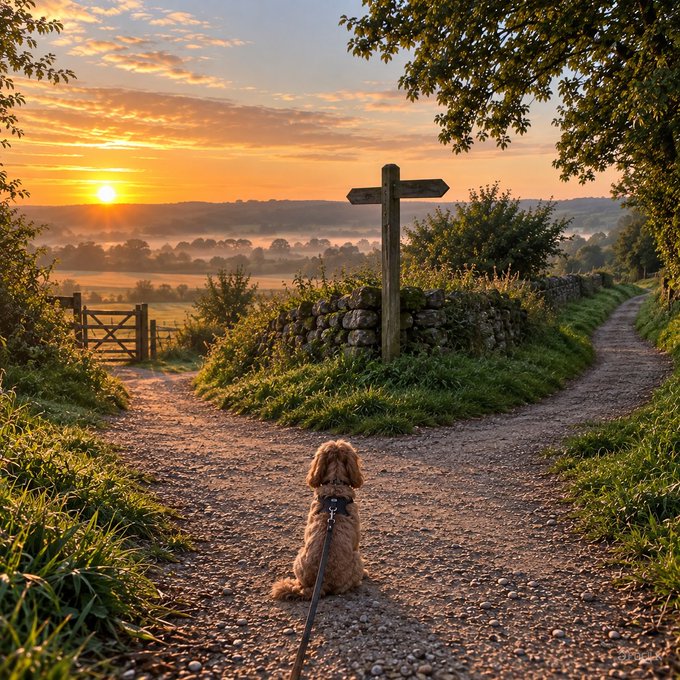 A small fluffy dog on a leash sits on a dirt path at sunset, facing a wooden signpost at a countryside crossroads with rolling misty hills and a glowing sky.