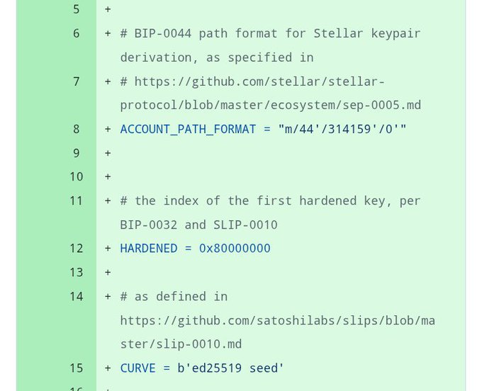 A code diff showing the addition of constants for Pi Network's Ed25519 keypair derivation, including `ACCOUNT_PATH_FORMAT = "m/44'/314159'/0'"`, `HARDENED = 0x80000000`, and `CURVE = b'ed25519 seed'`.
