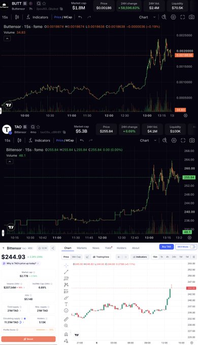 Cryptocurrency price charts displayed on TradingView showing BUTT/USDT, TAO/USDT, and an Ethereum (ETH) price of $244.93.