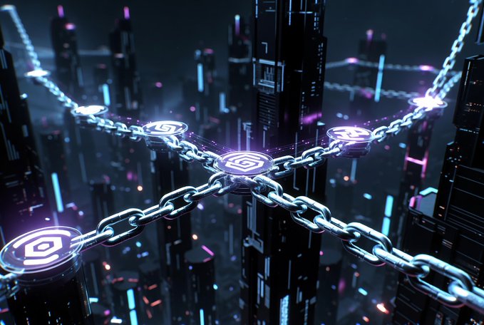 A futuristic cityscape with glowing blue and purple chains interconnected by nodes bearing the Allbridge logo, symbolizing seamless cross-chain token bridges and liquidity connectivity. The chains visually represent Allbridge's native token transfer infrastructure, reinforcing the post's message about frictionless bridging solutions.

Note: No visible text, numbers, tickers, or names appear within the image itself—only the Allbridge "A" logo emblem on the chain nodes, which ties directly to the @Allbridge_io branding mentioned in the post.