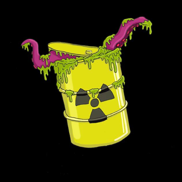 A cartoon illustration of a yellow radioactive waste barrel with the trefoil radiation symbol, leaking green slime and sprouting pink tentacles, set against a black background.