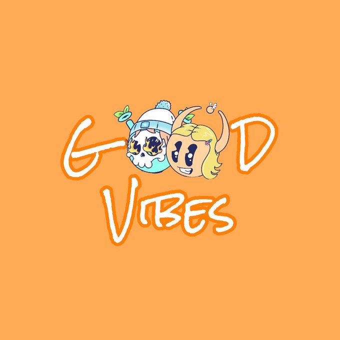 A cartoon-style logo that reads "GOOD VIBES" with two cute character heads—one wearing a winter hat with a pacifier, the other with long blonde hair—on an orange background.