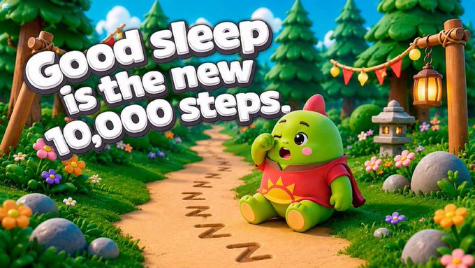 The image features a green dinosaur character sitting on a path surrounded by trees, flowers, and rocks. The text "Good Sleep Is The New Steps" is displayed above the dinosaur's head, indicating that there are 10,000 steps required for good sleep. A lantern can be seen hanging from one of the trees in the background.
