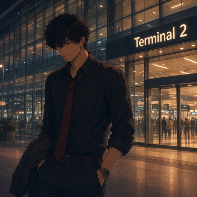 An anime-style illustration of a man in a black shirt and loosened red tie standing in front of an airport entrance labeled 'Terminal 2'.