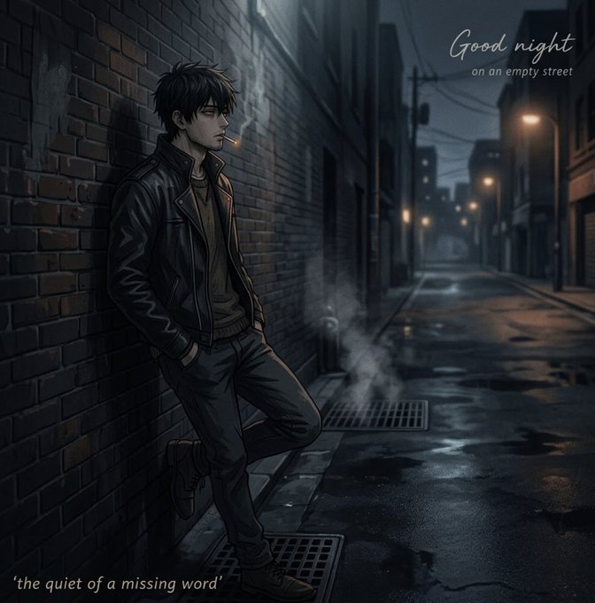 An anime-style illustration depicts a young man in a black leather jacket smoking a cigarette against a brick wall on a dark, rainy alley, with text reading 'Good night on an empty street' and 'the quiet of a missing word'.