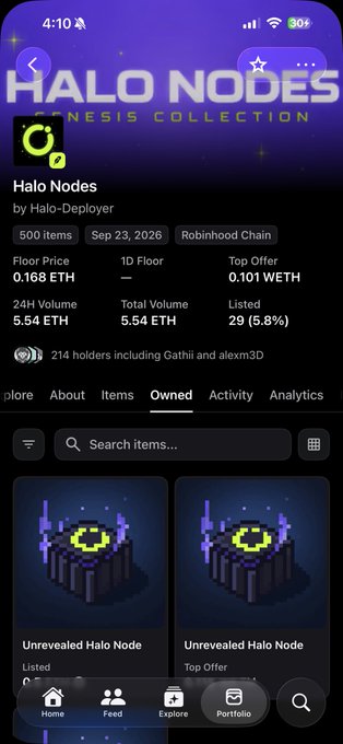 A mobile screenshot from OpenSea showing the 'Halo Nodes Genesis Collection' NFT collection on the Robinhood Chain, displaying 500 items, a floor price of 0.168 ETH, and listed 'Unrevealed Halo Node' items.