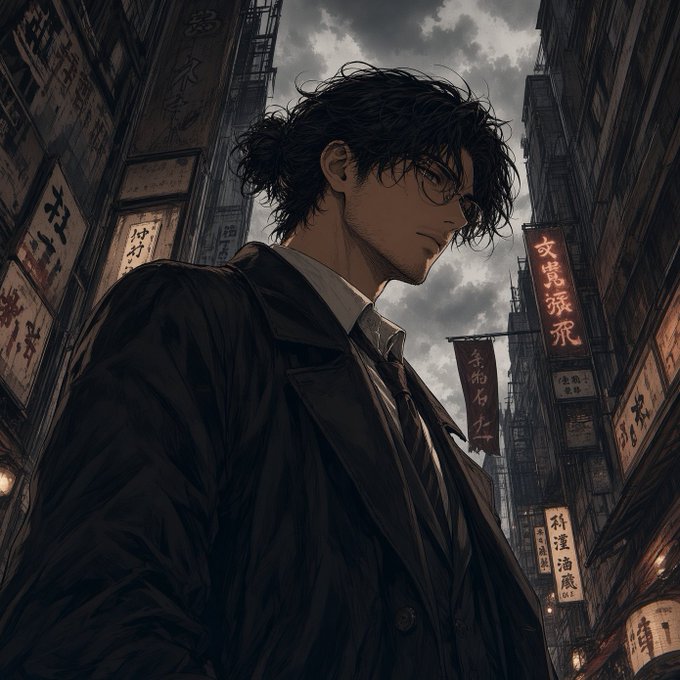 An anime-style illustration of a young man with messy dark hair and glasses, wearing a black suit and standing in a moody city street with Japanese signs and banners overhead.