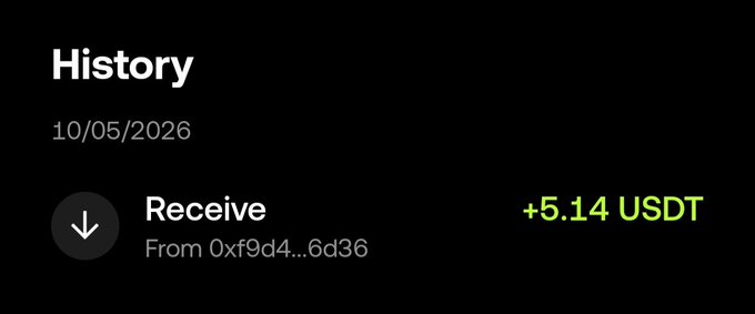 A mobile app screen displays a transaction history with a 'Receive' entry of '+5.14 USDT' from '0xf9d4...6d36' dated 10/05/2026.