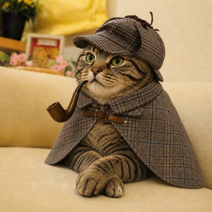 A tabby cat dressed as Sherlock Holmes, wearing a plaid deerstalker hat and cape with a leather buckle, while holding a smoking pipe in its mouth.