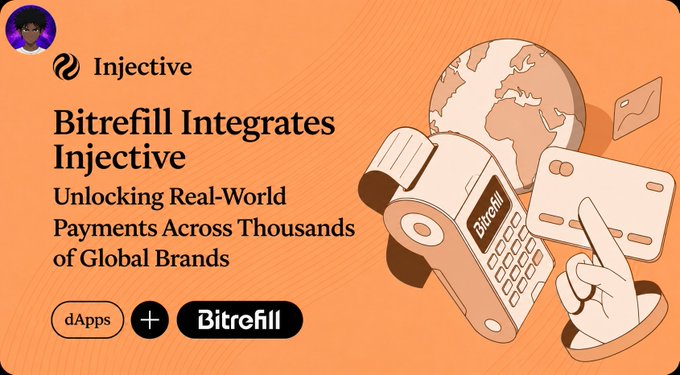A graphic titled 'Bitrefill Integrates Injective' states 'Unlocking Real-World Payments Across Thousands of Global Brands' alongside an illustration of a card payment terminal.