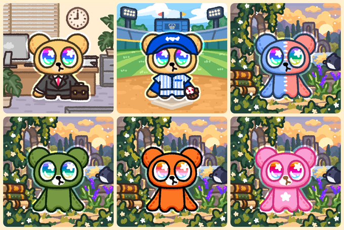 A higher-resolution version of the pixel art showing the same six teddy bear characters in different outfits and color schemes across various scenic backgrounds.