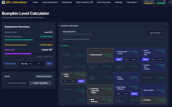 The image shows the SFL Calculator's Bumpkin Level Calculator interface, displaying an Experience Summary for a player at Level 122 with 47,260,702.5 current XP, projecting a level gain to Level 147 (+41,575,792.4 XP) along with an Inventory Simulator showing various XP boosts like Airstrike, Blossomboard, Faction Pets, and Skill Shrimpy. This visually supports the post's claim about the tool's ability to sync farms and simulate experience boost combinations.