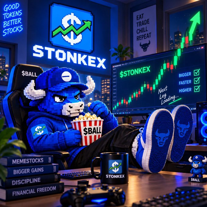 A pixel-art blue bull mascot representing STONKEX ($BALL) sits in a gaming chair eating popcorn, with sneakers on the desk, a chart showing '$STONKEX Next Leg Loading...', and books labeled 'MEMESTOCKS,' 'BIGGER GAINS,' 'DISCIPLINE,' and 'FINANCIAL FREEDOM.'