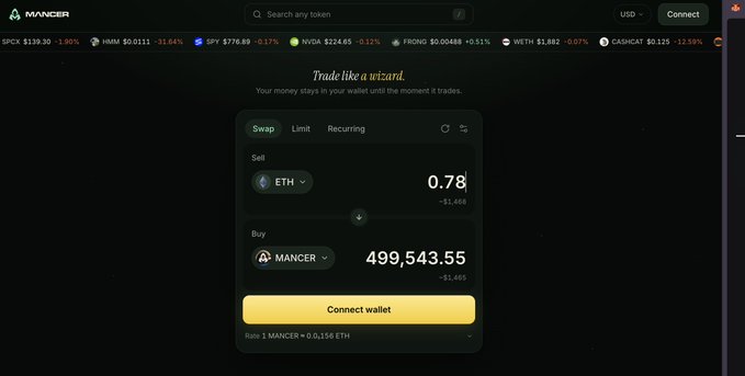 A screenshot of the Mancer decentralized exchange interface showing a token swap from 0.78 ETH to 499,543.55 MANCER tokens, with a ticker bar displaying prices for SPCX, IMM, SPY, NVDA, FRONO, WETH, and CASHCAT.