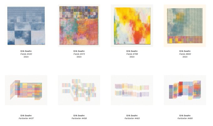The image displays a gallery of eight abstract digital artworks by Erik Swahn, labeled as "Fields" (#420, #422, #399, #800) from 2023 and "Farbtöner" (#437, #458, #463, #480), showcasing pixelated color compositions in a grid layout that exemplifies the type of generative art housed in The Garden's permanent collection viewable via VERSE.