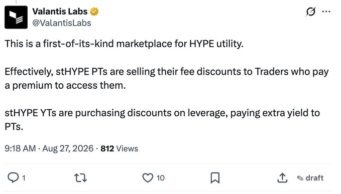 A tweet from Valantis Labs (@ValantisLabs) discussing a marketplace for HYPE utility, explaining how stHYPE PTs sell fee discounts to Traders while stHYPE YTs purchase discounts on leverage.