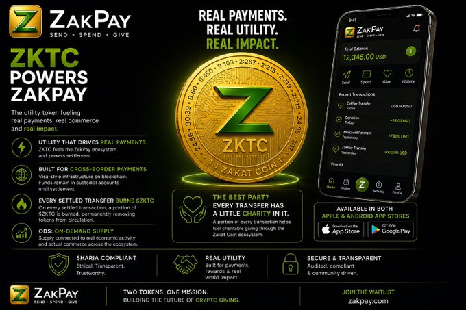 Promotional graphic for ZakPay's utility token $ZKTC, highlighting its role in powering real payments, cross-border transactions, and on-demand supply, with a mobile app screenshot showing a $12,345.00 USD balance and recent transfers including ZakPay Transfer Yesterday and ZillionDaddy Today (–25.00 USD), alongside messaging "REAL PAYMENTS. REAL UTILITY. REAL IMPACT" and "TWO TOKENS. ONE MISSION" at zakpay.com.

The image visually reinforces the post's claims by showcasing $ZKTC's payment ecosystem features (real transactions, commerce utility, and ODS on-demand supply) through a polished interface and feature checklist, aligning with the announcement of its Coinstore listing.
