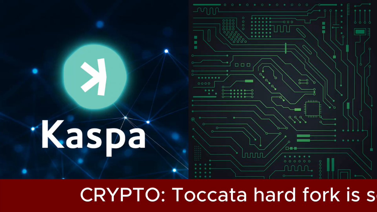The image features a banner that says "Kaspa Activates Toccata Hard Fork" with a green circle containing a white arrow pointing upwards, which is the Kaspa logo. The text below the logo reads "Crypto: Toccata hard fork is s".