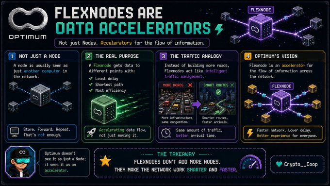 An infographic titled 'FLEXNODES ARE DATA ACCELERATORS' by Optimism, explaining how Flexnodes accelerate data flow across networks with sections on 'Not Just a Node,' 'The Real Purpose,' 'The Traffic Analogy,' and 'Optimism's Vision.'