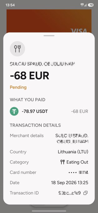 A mobile banking app shows a pending transaction of '-68 EUR' paid via '-78.97 USDT' for 'Eating Out' in Lithuania on 18 Sep 2026, with merchant and card details partially blurred.
