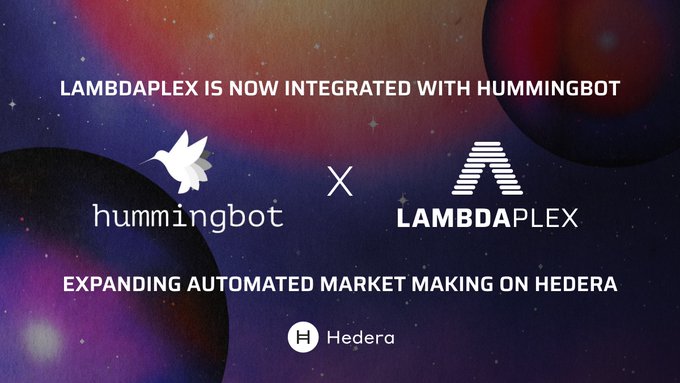 An announcement graphic with a space-themed background stating "LAMBDAPLEX IS NOW INTEGRATED WITH HUMMINGBOT - EXPANDING AUTOMATED MARKET MAKING ON HEDERA," featuring the Hummingbot and Lambdaplex logos alongside the Hedera logo.