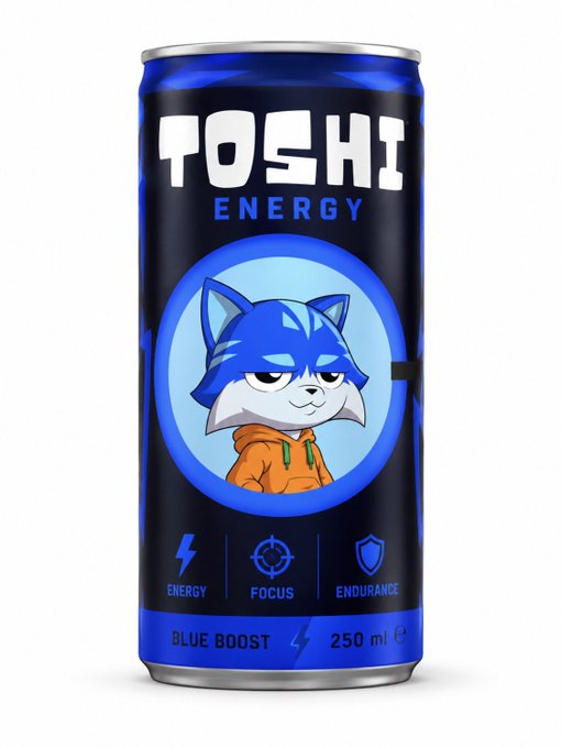 A blue and black energy drink can branded 'TOSHI ENERGY' features a cartoon fox mascot and highlights benefits like 'ENERGY,' 'FOCUS,' and 'ENDURANCE' for a 'BLUE BOOST' flavor in a 250 ml serving.