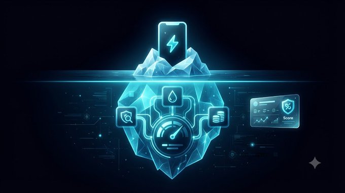 A digital illustration featuring a glowing blue iceberg design with icons representing a battery, water drop, analytics, search, database, and a security shield with the word 'Score'.