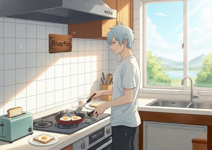 Anime-style illustration of a blue-haired young man cooking eggs in a sunlit kitchen with a toaster, pan on stove, and window view of mountains and water, with a 'Riverfun' wooden sign on the wall.
