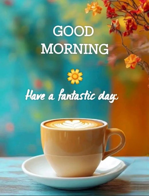 Cheerful 'GOOD MORNING' greeting card with text 'Have a fantastic day', featuring a latte with heart-shaped foam art and orange flowers.