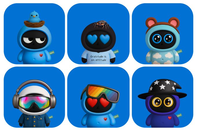 Six blue cartoon avatar characters with different accessories including a bird nest, spider, bear ears, goggles, and a starry wizard hat on a blue background.