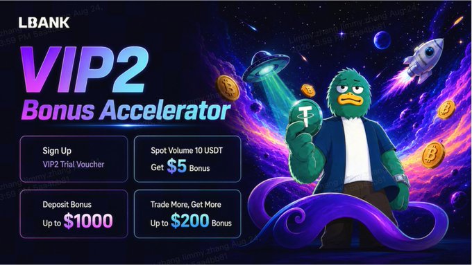 An advertisement for LBANK's 'VIP2 Bonus Accelerator' features a cartoon duck character holding a coin, set against a colorful space background, listing sign-up and deposit bonuses.