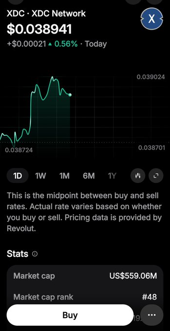 A Revolut app screenshot displays the current price of XDC (XDC Network) at $0.038941, showing a 0.56% gain (+$0.00021) for the day, along with a market cap of US$559.06M and a rank of #48. The image aligns with the post's reference to XDC availability on Revolut in Australia, showcasing the cryptocurrency's trading information on the platform.