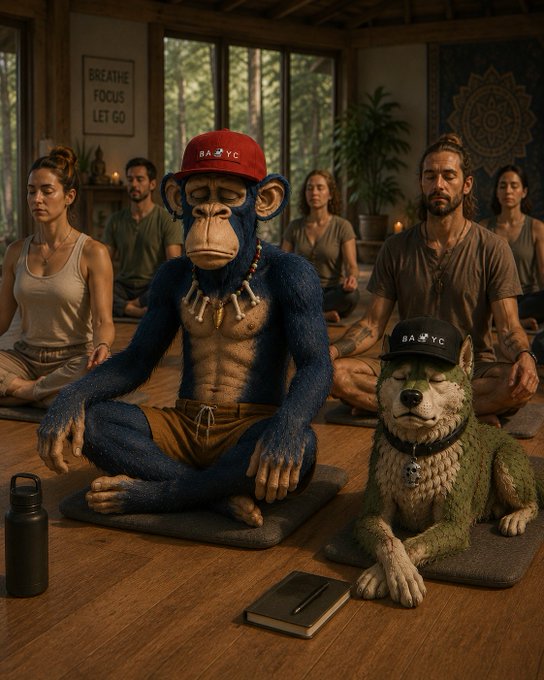A blue-furred BAYC ape wearing a red "BAYC" cap sits cross-legged in meditation alongside a green zombie doggo also sporting a "BAYC" hat, both surrounded by fellow retreat participants in a candlelit forest studio beneath a "BREATHE FOCUS LET GO" sign. The scene captures the post's reflection of day 235's stillness retreat, with a journal and water bottle resting nearby as the circle breathes together.