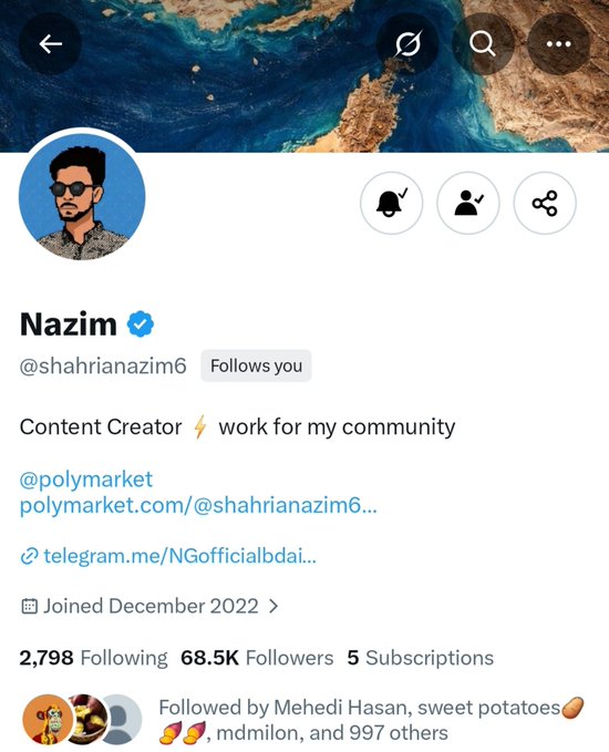 Twitter/X profile page for 'Nazim' (@shahrianazim6), a Content Creator who joined in December 2022, showing 68.5K followers and links to Polymarket and Telegram.