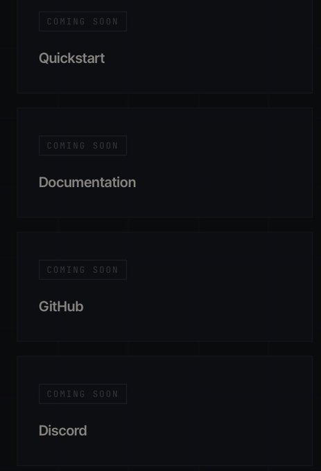 The image displays four "Coming Soon" placeholder cards for Quickstart, Documentation, GitHub, and Discord, highlighting that a project has received funding despite having only placeholder pages and no active presence yet—supporting the post's mockery of investing before basic infrastructure is established.