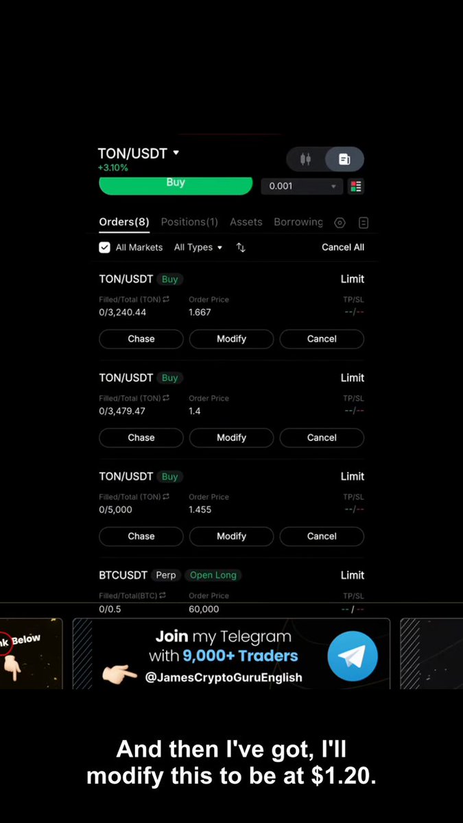 The image shows a phone screen with a black background displaying various information about trading options. The main focus of the image is a message from someone who has just bought some shares using TON, and they are now modifying their account settings for this transaction.