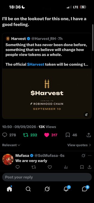 A screenshot of X shows Harvest announcing the official $Harvest token for September 10, alongside a reply from Mufasa (@SolMufasa) saying, “We are very early.” The accompanying post’s Solana address, “BakyXRTtW2cdivHrqoENQhSfaMjGLRgDudV8QSBGcKNf,” and “Thank you” appear unrelated to the token announcement.