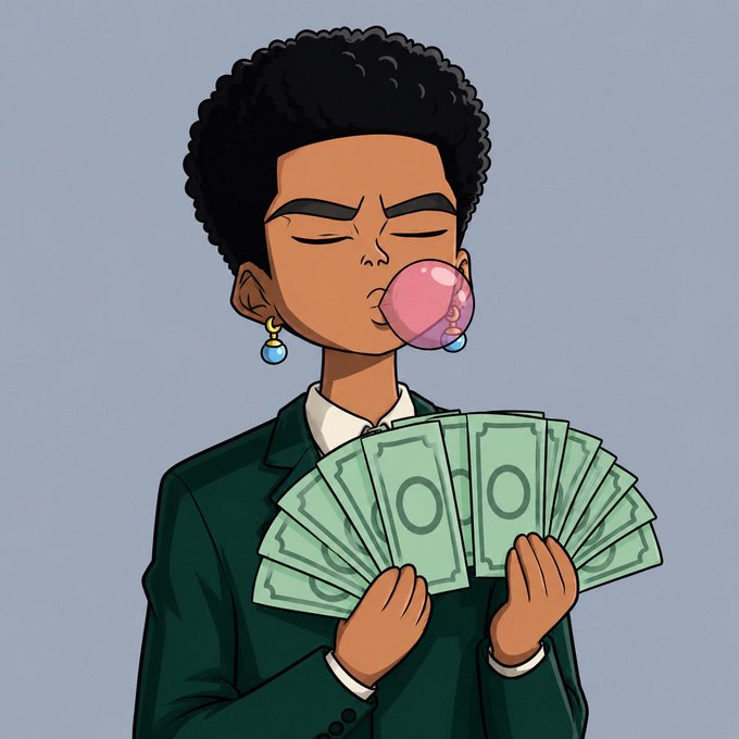 An anime-style illustration of a person with short curly hair blowing a pink bubblegum bubble while holding a fan of green banknotes.